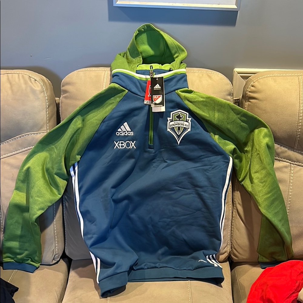Adidas Blue and Green Zip Up Sweater